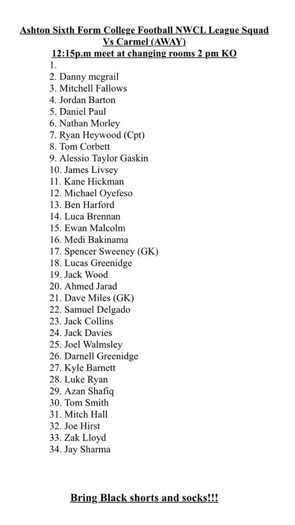 ASFCSportsTeams's tweet photo. Football team for tomorrow's fixture away at Carmel. 12:15 meet, any problems let Mike know ASAP #TeamASFC http://t.co/z6AoF0TO0P