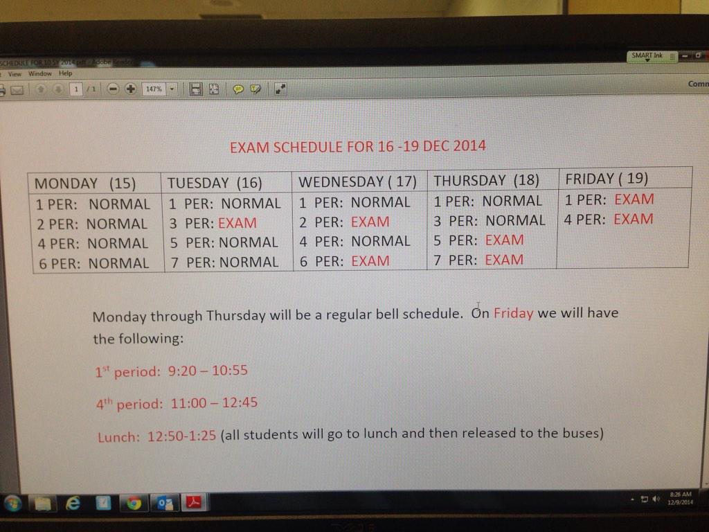 iteach_ap's tweet photo. Exam schedule for last week prior to break. RT plz. @BHS_lositom @BHSAICE @mister_hampton http://t.co/EjVjrUwTju