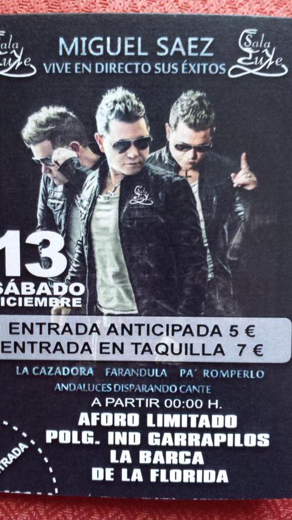 JoseAntonioGMA's tweet photo. Sábado 13Dic EN CONCIERTO @MIGUELSAEZOFICI en @sala_duke, ¿te lo vas a perder? 😄😜
Anticipada: 5€
Taquilla: 7€ http://t.co/rfY0fSkLsT