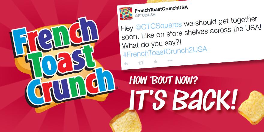 CTCSquares's tweet photo. .@FTCtoUSA We say… #FrenchToastCrunchIsBack http://t.co/B1zFzuvwrs