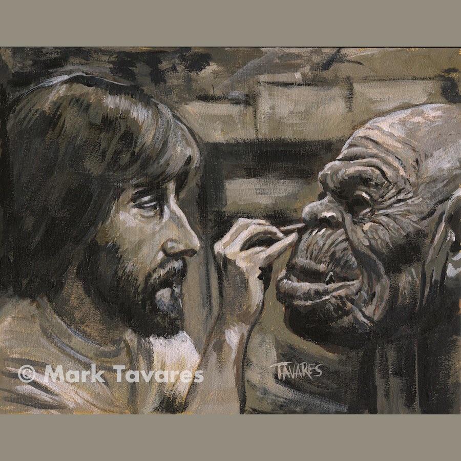 "Happy Birthday Rick Baker!" 10 x 8. on Masonite © Mark Tavares    
