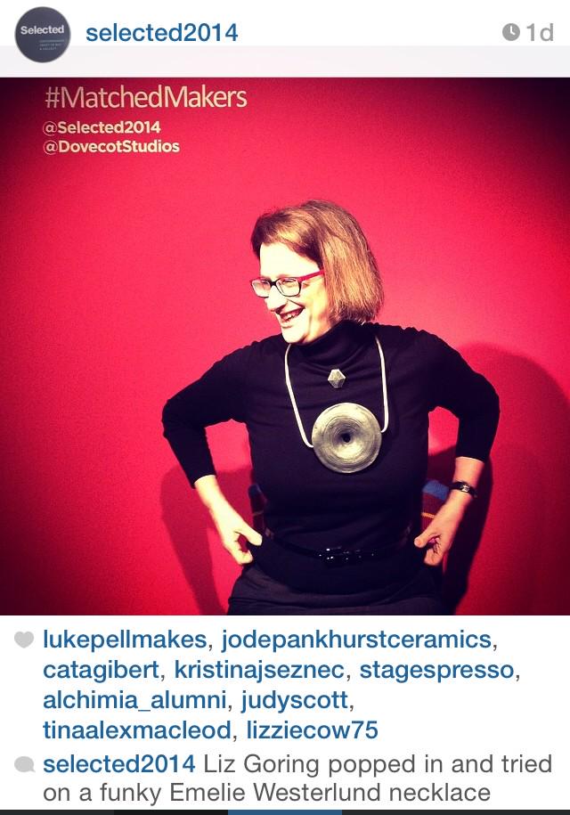 DovecotStudios's tweet photo. #MatchedMakers Liz Goring pops in to #Selected2014 and unites with Emelie Westerlund neckpiece. #MakingConnections http://t.co/wFWJUFxcCK