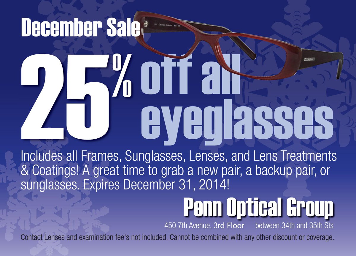 PennOptical's tweet image. December Sale is Here!  25% Off All Eyeglasses and Sunglasses! #EyeglassSale #SunglassSale
