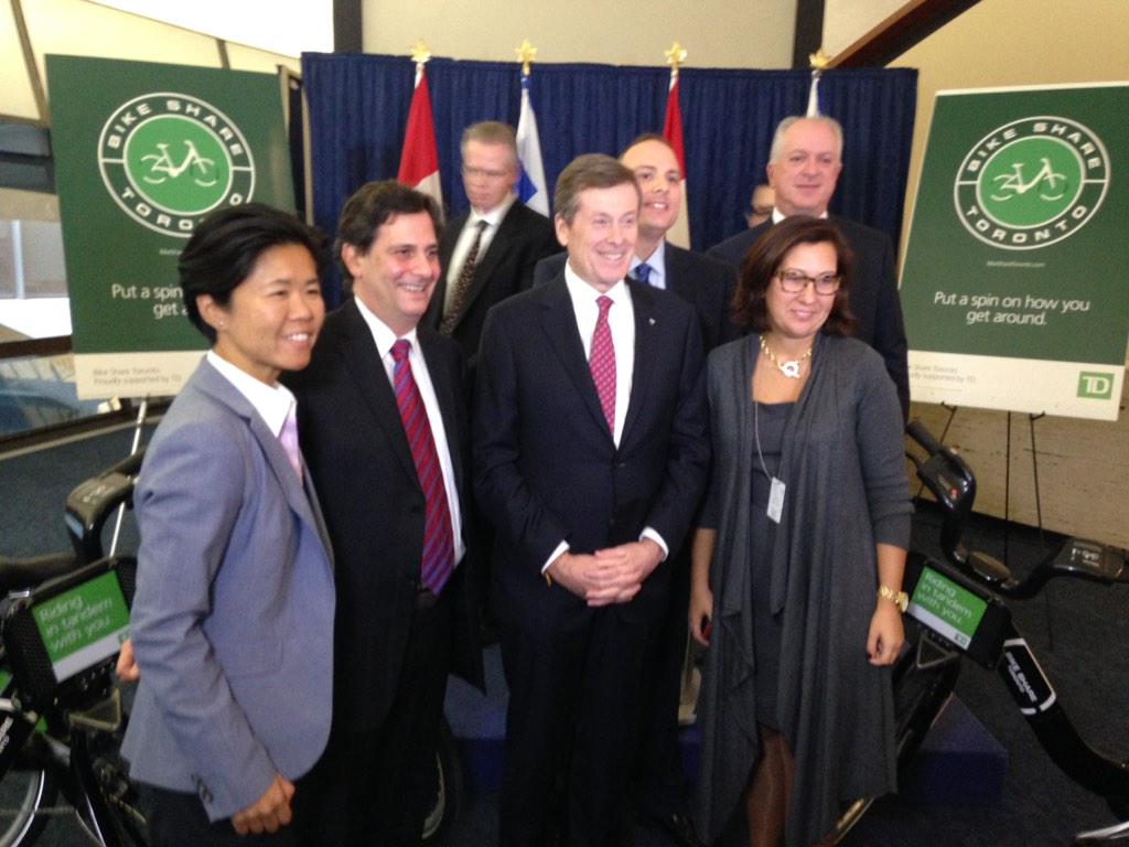 JohnTory's tweet photo. Excited to announce new partnership of @bikeshareTO with @TD_Canada - Let's get #Toronto moving! #TOpoli http://t.co/YmNe3VMmdr