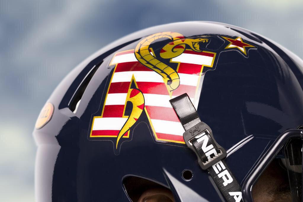 CloydRivers's tweet photo. Navy's "Don't Tread On Me" helmets for the Army/Navy game. Makes me want to start a USA chant and smack a terrorist. http://t.co/FE9sreKbmE
