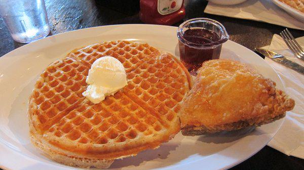 One piece of chicken, one waffle. Perfect.