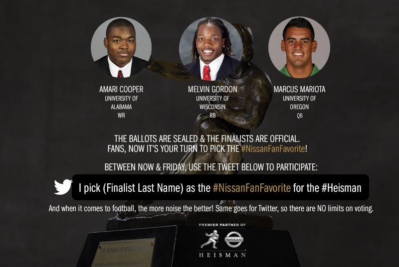 HeismanTrophy's tweet photo. Who should be the #NissanFanFavorite? Vote now! http://t.co/JAWL1IXVoZ