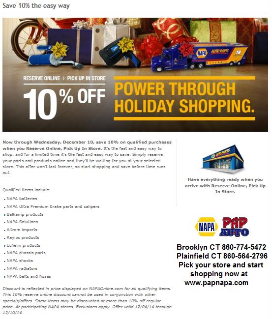 NAPAPAPAuto's tweet image. Save 10% through tomorrow, December 10th when you shop and reserve online for in-store pickup! See ad for details.