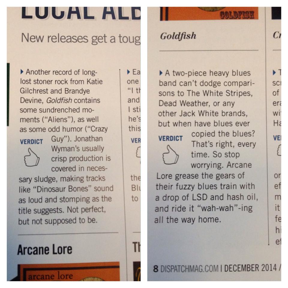 ArcaneLoreMusic's tweet photo. Two thumbs up for Goldfish from @dispatchzine in the Dec/Jan issue! #arcanelore #goldfish http://t.co/O5fJumZYwu