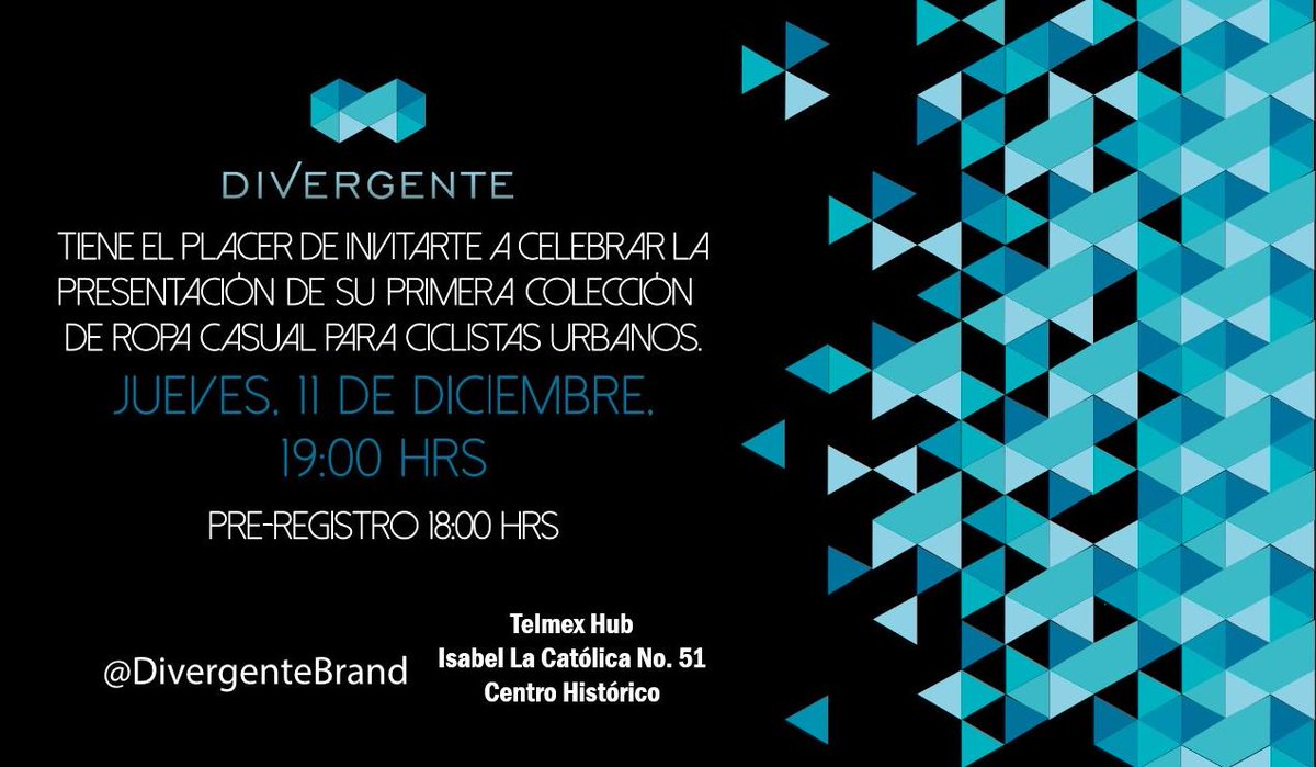 DivergenteBrand's tweet photo. Hola @Ciclocerdo, los queremos invitar a #DivergenteFashionShow, el próximo Jueves 11 a las 19:00hrs en #TelmexHub http://t.co/56j36jwnZI