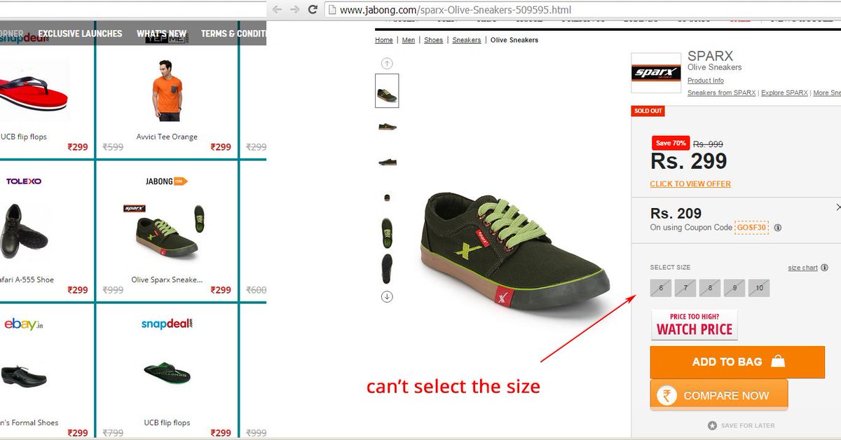 tushonline's tweet image. JABONG - Sparx Sneakers -- Can&apos;t select size &amp;amp; can&apos;t add to bag. Nothing works. #GOSF2014