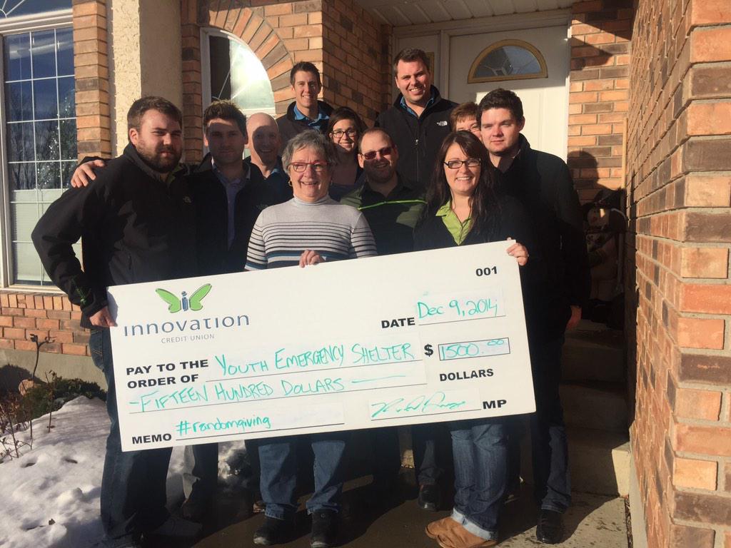 InnovationCU's tweet photo. Caught Betty Mcdougall off guard with a donation to the Youth Emergency Shelter. #randomgiving http://t.co/ebeI6aox9c
