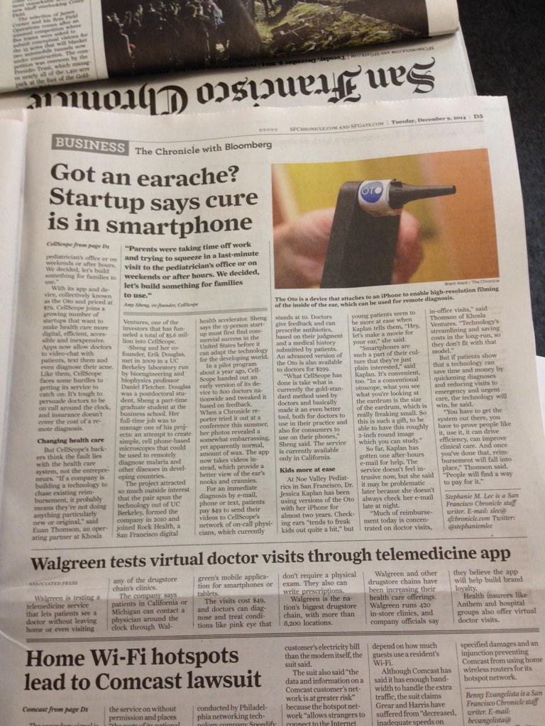 CellScope's tweet photo. RT @amysheng: Thrilling to see @cellscope coverage of Oto HOME pre-sales in @sfchronicle @stephaniemlee http://t.co/XbbpJ2tJmK #launchday