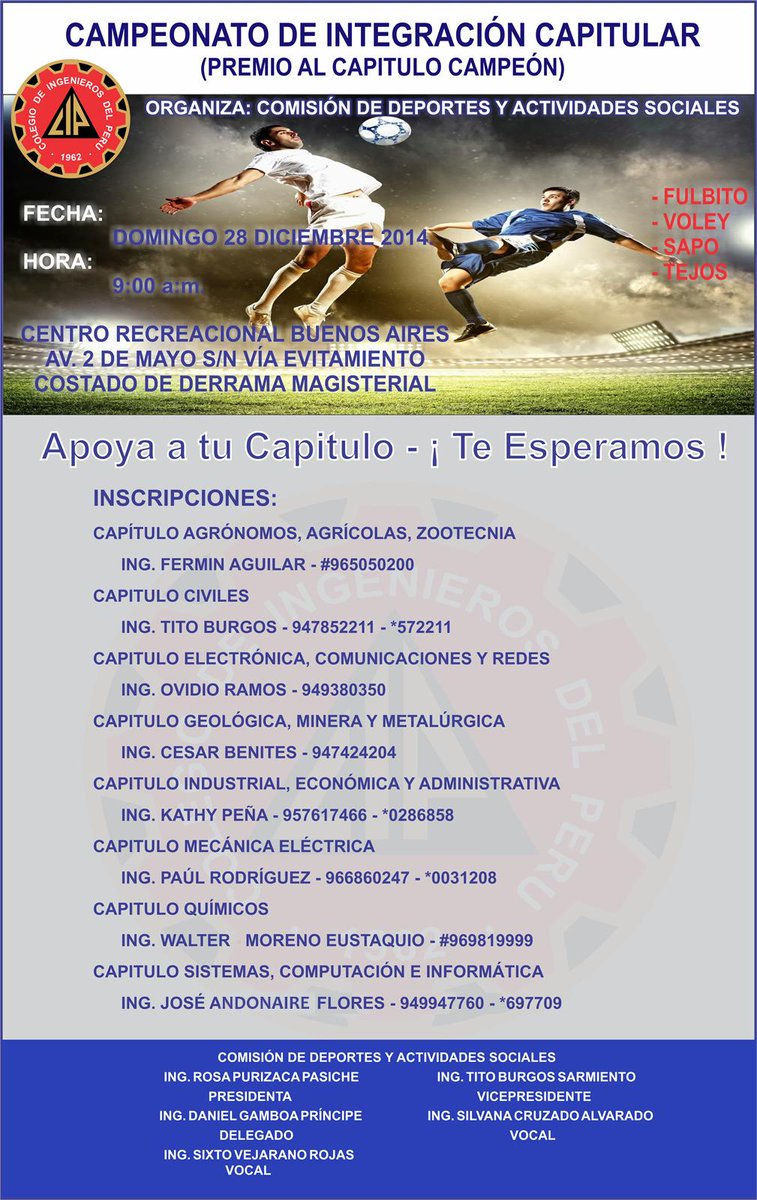 CAMPEONATO DE INTEGRACIÓN CAPITULAR (PREMIO AL CAPÍTULO CAMPEÓN).
DOMINGO 28 DE DICIEMBRE 2014 - 9:00 AM.