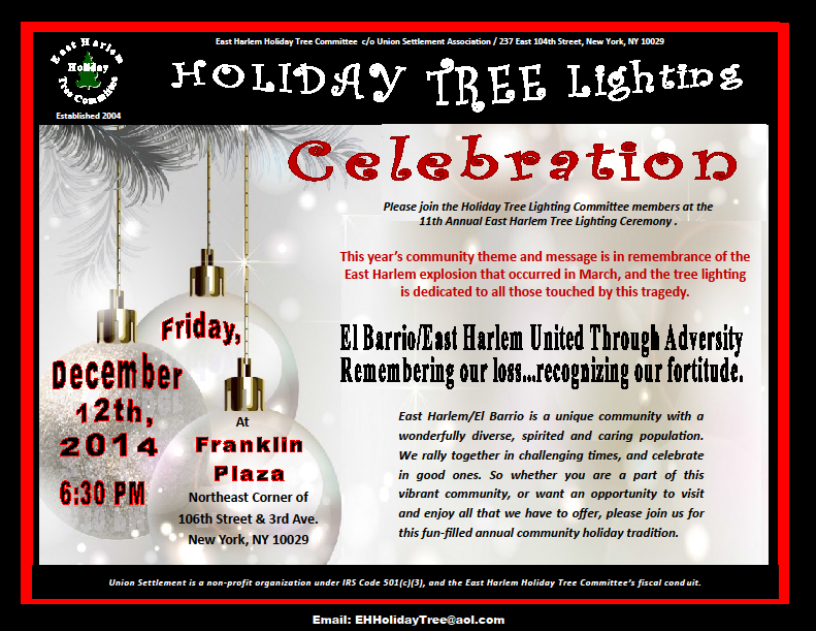 VisitElBarrio's tweet photo. Join the Annual East Harlem Holiday Tree Lighting Celebration Fri. 12/12 on the corner of 106th and 3rd at 6:30 PM! http://t.co/LhUjGA4tIf