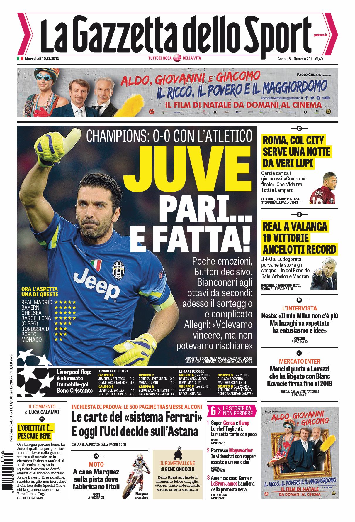 Portada de La Gazzetta dello Sport del 10 de Diciembre