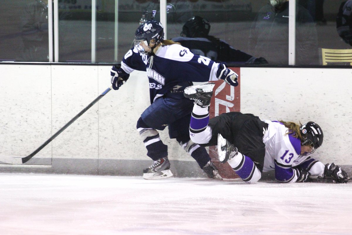 laplante71's tweet photo. Bison forward Leighton McAlpin and Champlin Park's Erica Borrell collide along the boards during 3rd period play. http://t.co/fHy0OVi2nu