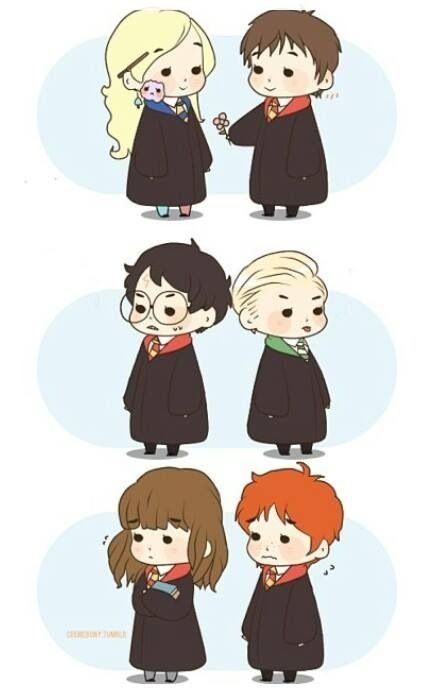 hg_hp's tweet photo. Harry Potter and Luna Lovegood
Harry Potter and Draco Malfoy
Hermione Granger and Ron Weasly
#HarryPotter http://t.co/gDxiljNtyb