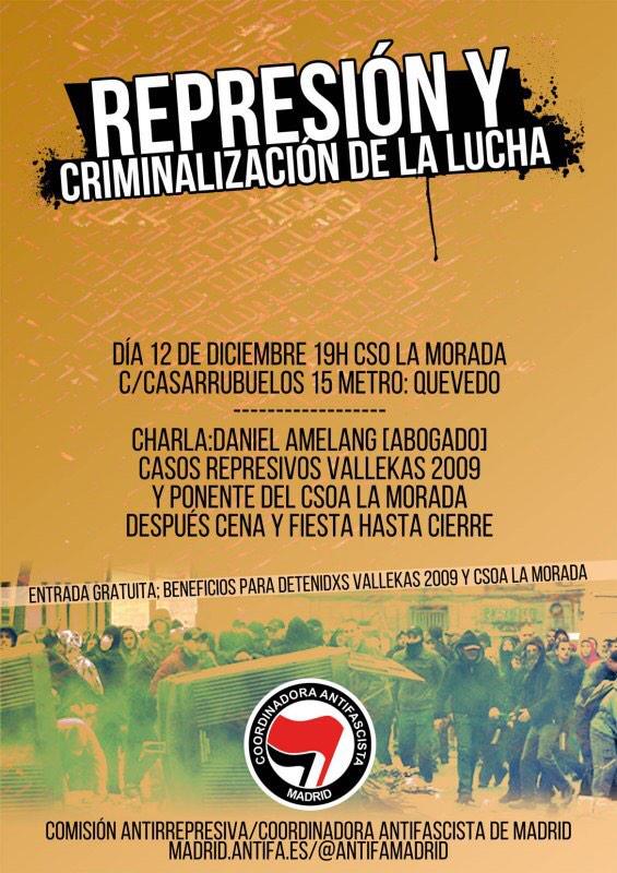 NoPasaranMadrid's tweet photo. Este viernes a las 19:00 en @CSOALaMorada charla: "Represión y criminalización de la lucha". Después cena y fiesta. http://t.co/TEnq8r2dlD