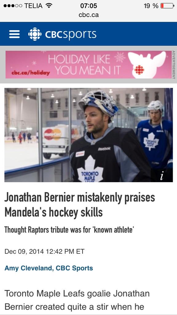 Emil_Lagnelius's tweet image. Hockeymålvakten Jonathan Bernier har nog fått lite för många puckar i huvudet... cbc.ca/m/sports/hocke…