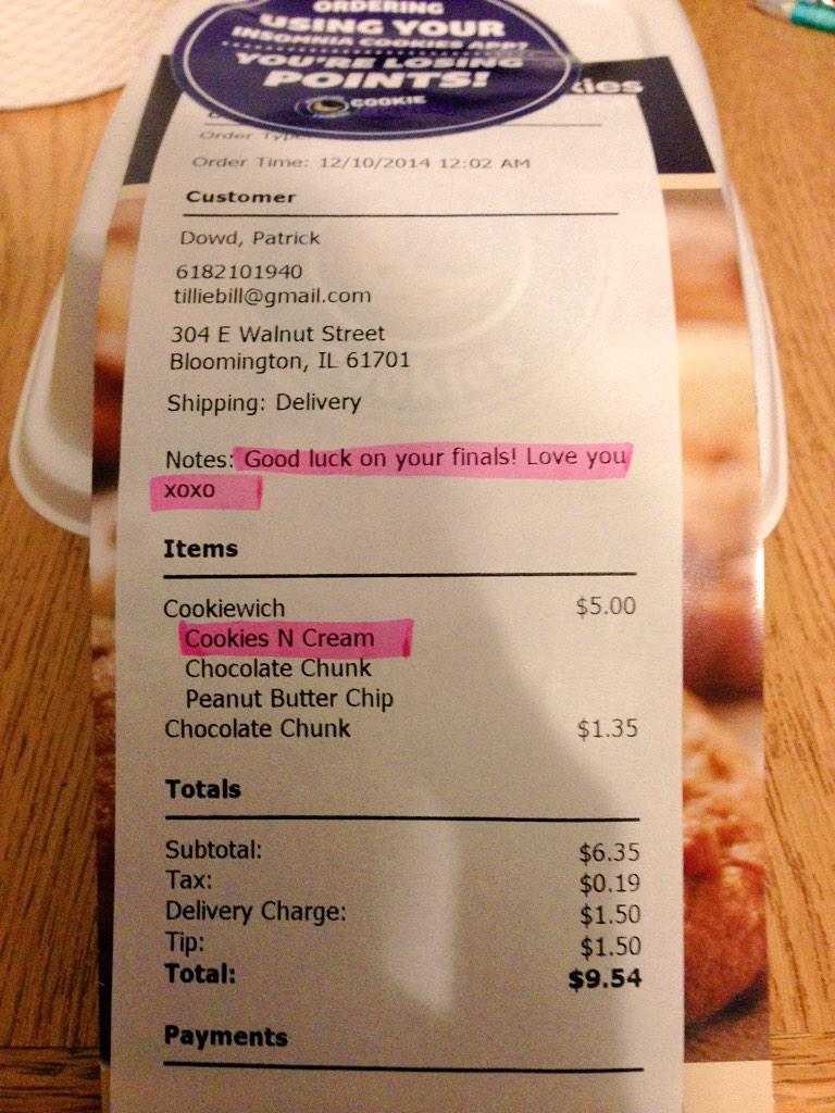 PatMeDowd's tweet photo. Big shoutout to @tillbill33 for ordering insomnia cookies to my house from 5 hours away. #YouTheRealMVP http://t.co/SlvZGjAoTh