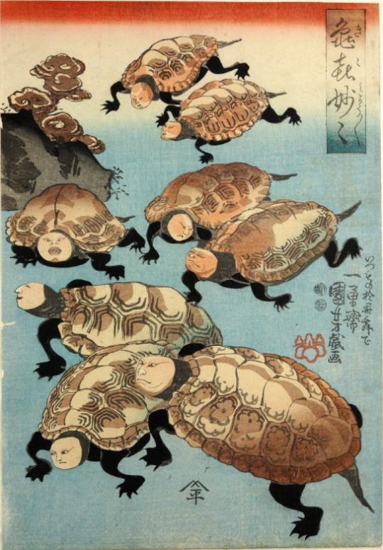 劇団 1 En ٹوئٹر پر 浮世絵で見る 兎と亀 その１ 亀喜妙々 歌川国芳 人面亀 質素倹約のご時世 役者の錦絵を描くことを禁じられた国芳が描いた絵 亀の顔が役者に似せてあり 甲羅の模様にも紋が隠されています 全然売れなかったそう 気持ち悪いもの