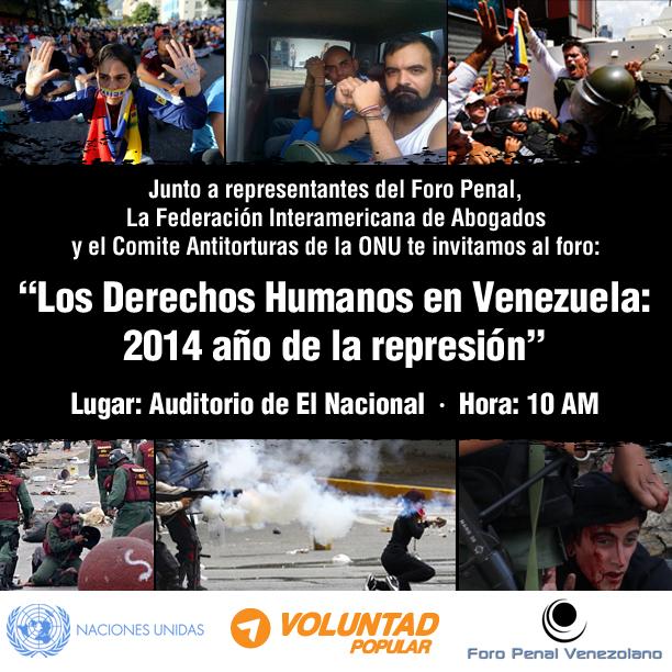 VoluntadPopular's tweet photo. Invitamos al #Foro "Los DDHH en Venezuela: 2014 año de la represión" hoy #10D auditorio de @ElNacionalWeb ¡ASISTE! http://t.co/LrHPBiAM88