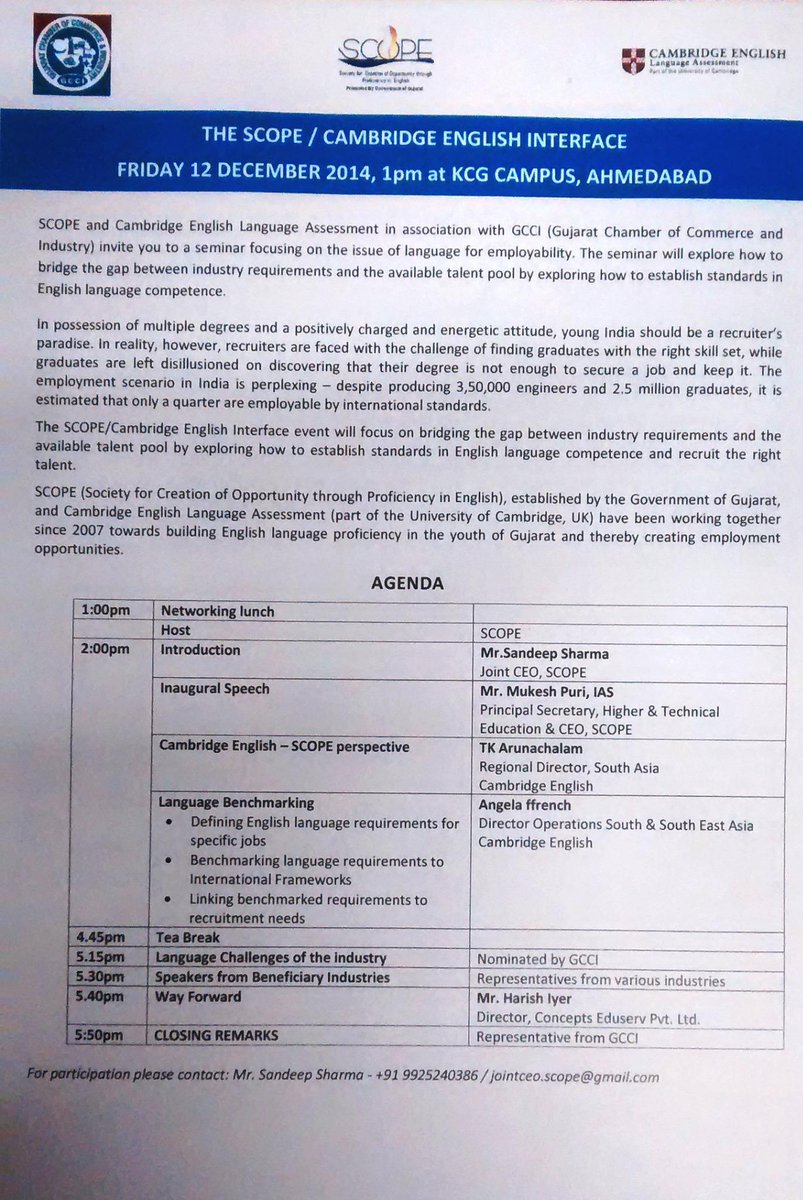 SCOPE-Cambridge English seminar for HR Leaders in association with GCCI, December 12, 2014, scopegujarat.org