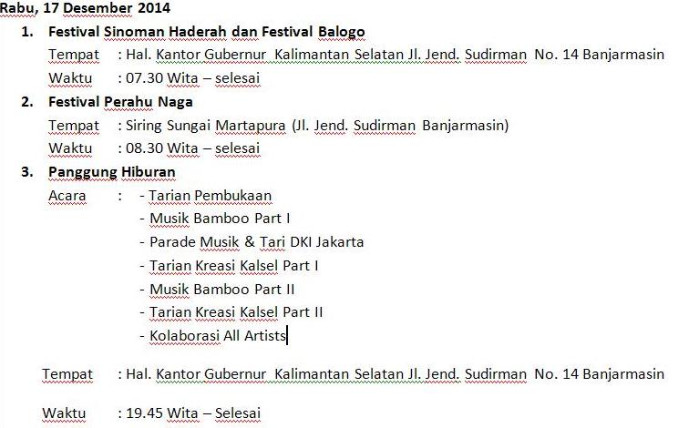 visitkalsel's tweet photo. 2. Berikut Jadwal "Festival Budaya Pasar Terapung 2014" | 16-18 des 2014 | #FBPT2014 | Part II ==>> http://t.co/6t0xbKu8GN