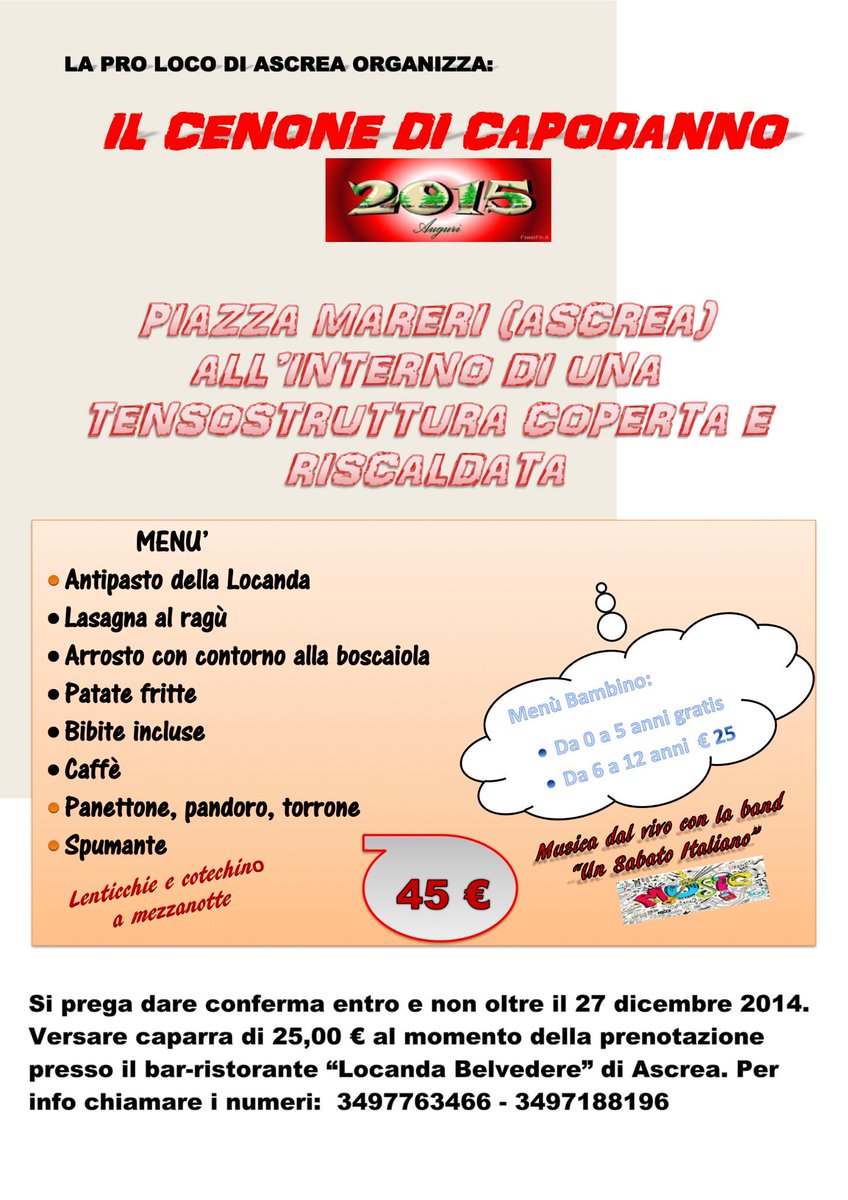 ProLocoAscrea's tweet image. 31 Dicembre, #Cenone di #Capodanno2015: le bontà della #LocandaBelvedere, musica e allegria! #ascrea #lagodelturano