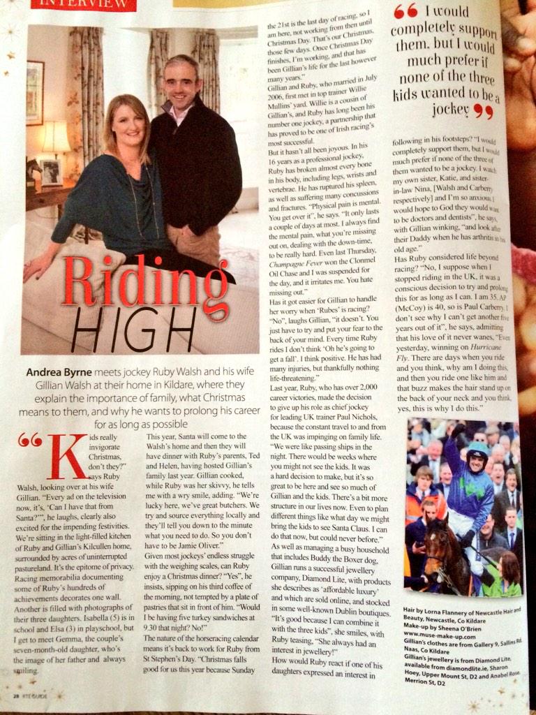 Tamso's tweet photo. @Ruby_Walsh &amp; Gillian Walsh of @DiamondliteIre looking good in the #Christmas @RTE_GUIDE @LeopardstownRC @GoRacing http://t.co/rNMctuEOs7
