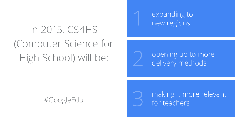 GoogleForEdu's tweet photo. Introducing the 2015 CS4HS grant: Now open to even more teachers around the world http://t.co/Skc8NtummW #CSEdWeek http://t.co/ulgL1dexbd