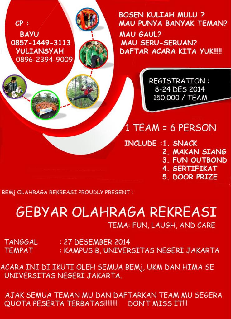 bemjorek's tweet photo. Gebyar olahraga rekreasi don't miss it guys!! Lets join with us!! @bemfik_unj @BEMUNJ_OFFICIAL @bemjPGSD @BEMFBSUNJ http://t.co/OakAg8Okp1