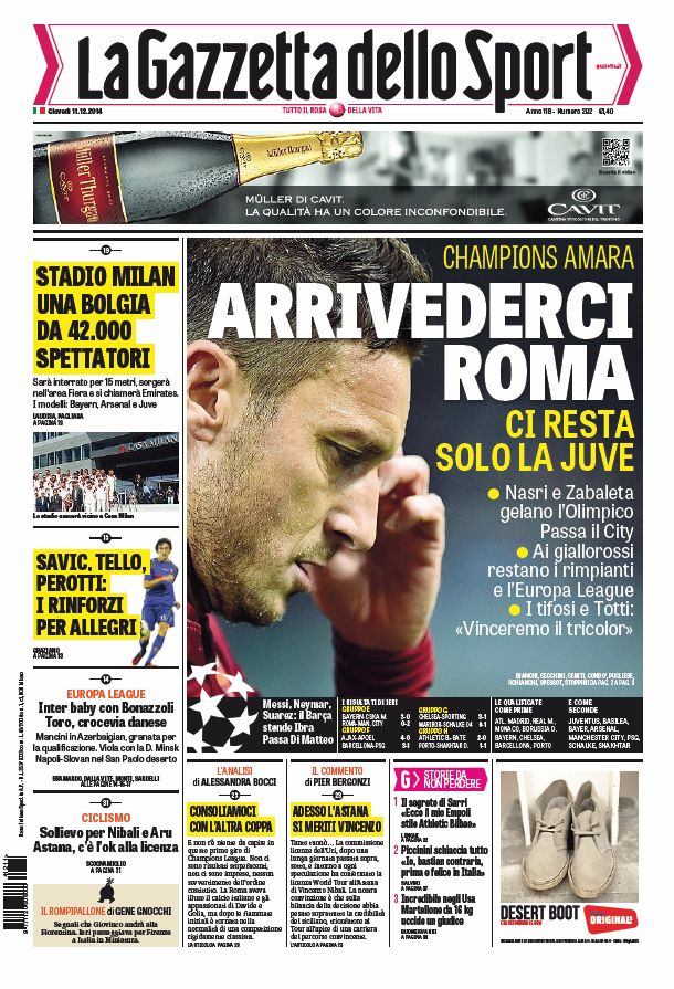 Portada de La Gazzetta dello Sport del 11 de Diciembre