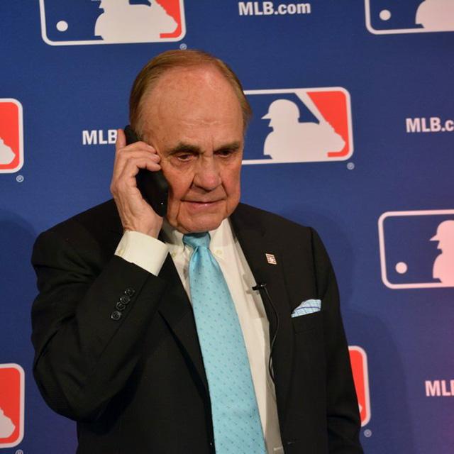 baseballhall's tweet image. 2015 #FrickAward winner, Dick Enberg, receives a congratulatory call from 1982 award winner, Vin Scully.