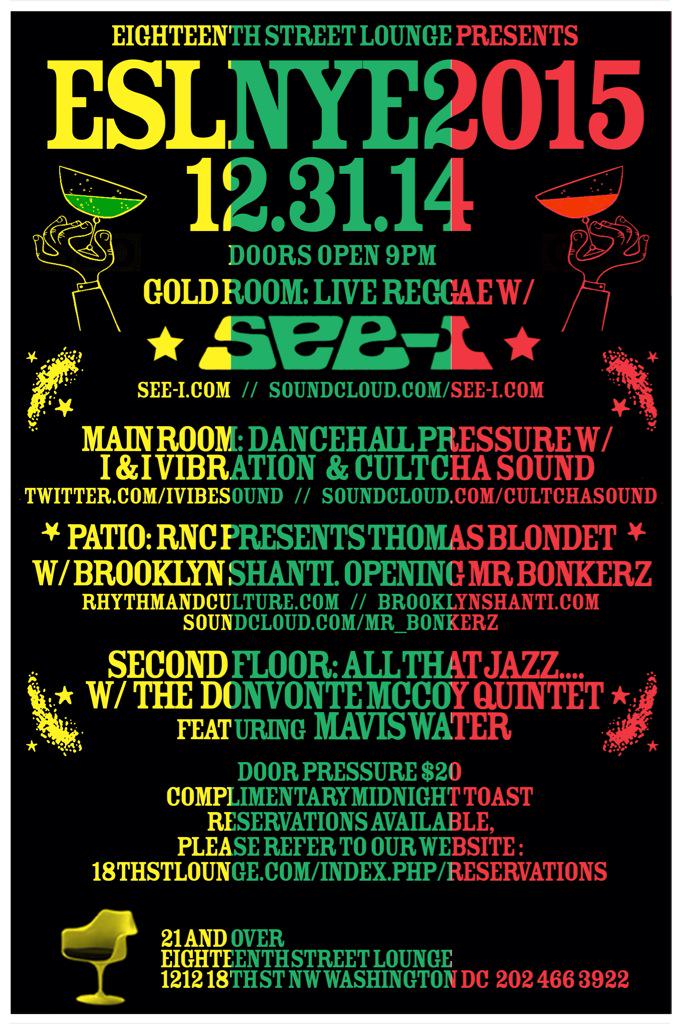 NYE @ ESL <a href="/Seei/">See-I</a> <a href="/cultchasound/">DJ CULTCHA</a> <a href="/ivibesound/">I&I Vibration</a> <a href="/Rhythm_Culture/">Rhythm & Culture</a> <a href="/thomasblondet/">Thomas Blondet</a> <a href="/brooklynshanti/">Brooklyn Shanti</a> <a href="/mr_bonkerzzz/">Franky</a> <a href="/DonvonteMccoy/">Donvonte` McCoy</a>