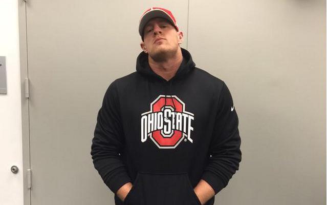Cover3Podcast's tweet photo. LOOK: JJ Watt does not seem happy to be wearing Ohio State gear. http://t.co/dbqa3GWeb9 http://t.co/egeDEzxFXI