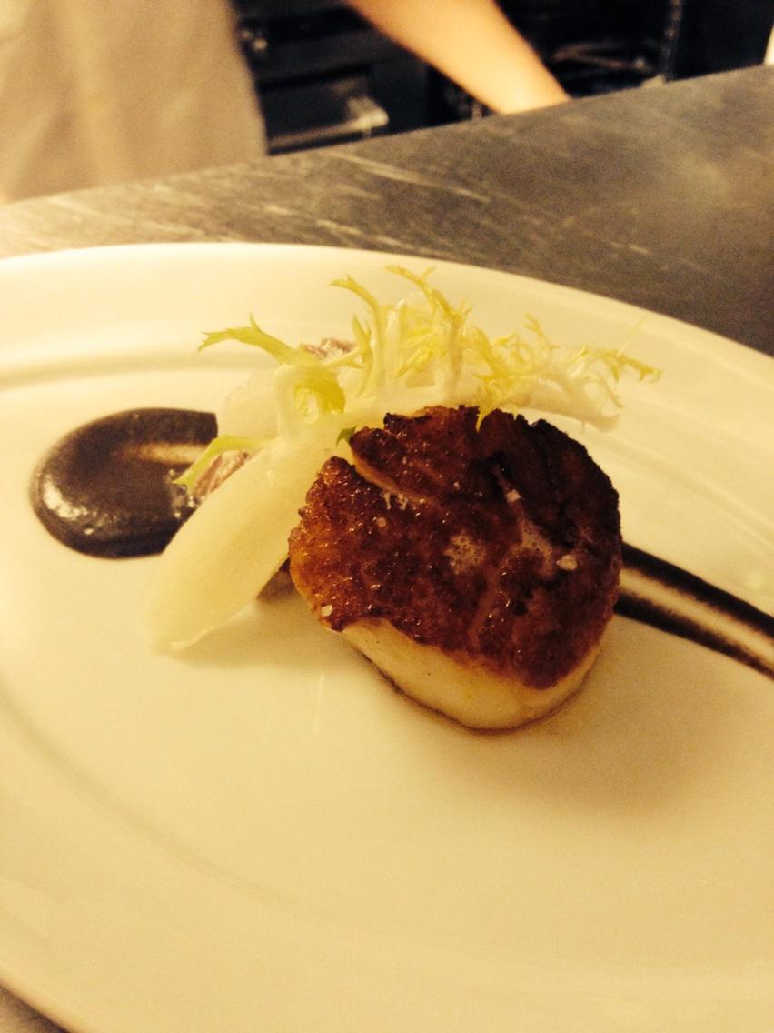 Scallop veal cheek blanquette black trumpet coulis salsify