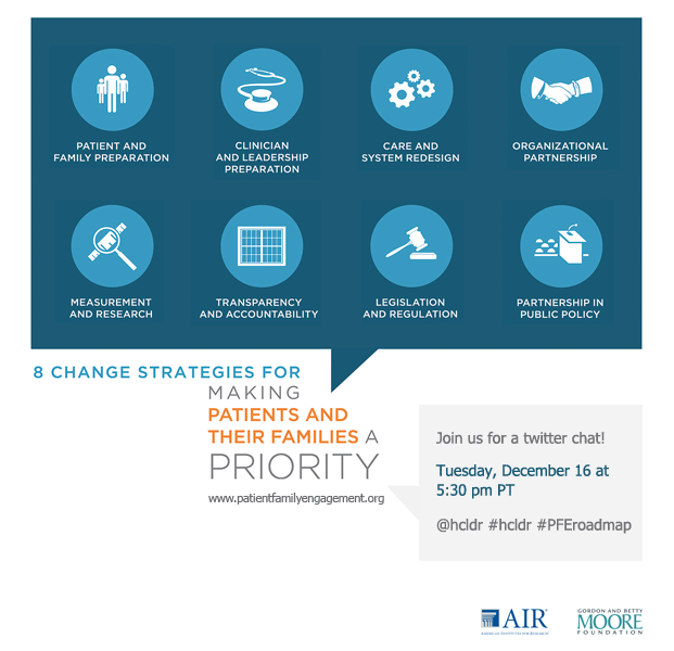 MoorePatient's tweet image. On 12/16 at 5:30 pm PT join us &amp;amp; @AIRCPCE for @hcldr #hcldr chat on patient and family engagement &amp;amp; #PFEroadmap.