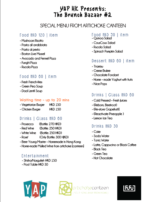 YapHongKong's tweet photo. YAP HK presents the Special Menu from Artichoke canteen.
Book your table: 
+852 9684 9964 
#YapHK #BrunchBazaar http://t.co/GDepsGCBhv