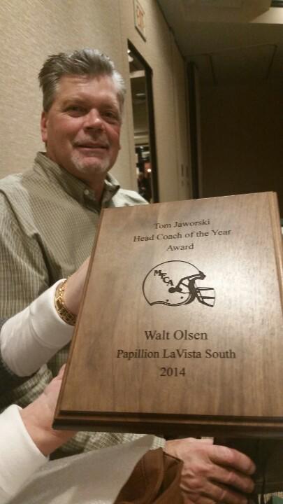 PLSouthFB's tweet photo. “@MicheleShonka: Congratulations to Coach Olsen for Tom Jaworski Head Coach of the Year!  @PLSouthFB #plsouthfb http://t.co/HCjpx2H03x”
