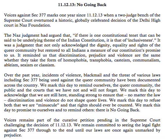 VoiceAgainst377's tweet photo. Voices Against 377 remains committed to seeing the legal fight against sec 377 through to the very end. #NoGoingBack http://t.co/YsVHcIWmyz