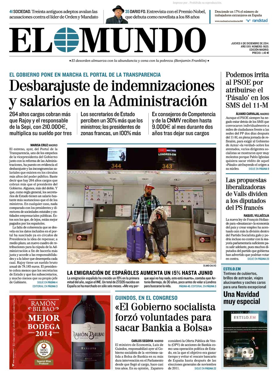 elmundoes's tweet photo. #LaPortada 'El desorden almuerza con la abundancia y cena con la pobreza' (Benjamin Franklin) http://t.co/OVoV6E1kS8