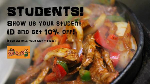 ChicosLeamSpa's tweet photo. #STUDENTS - We know you love #Mexicanfood so show us your student ID &amp; get 10% off! Food only, Mon-Thurs #leamington http://t.co/q9JLmh2r0D