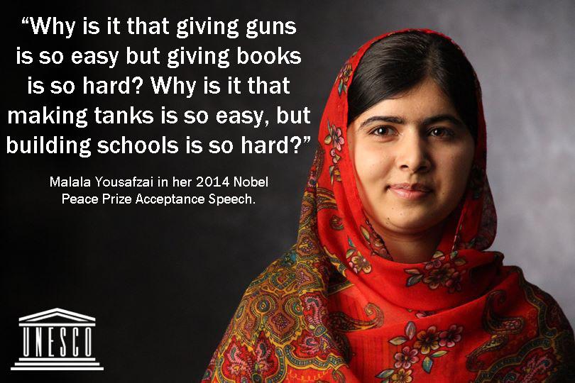unescobangkok's tweet photo. "Why is it that making tanks is so easy, but building schools is so hard?” #Malala Yousafzai in her Nobel speech http://t.co/fc8jxahUz1