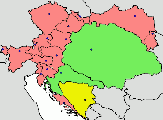 Vienna's administration (deep pink) &amp; Budapest's (green) under the 1867 "Ausgleich". Jointly mabaged BiH in yellow.