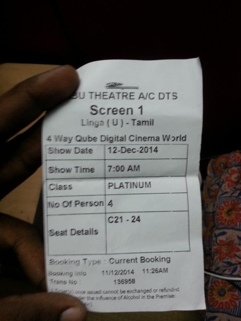 HungryHeartt49's tweet photo. Finally Got Lingaa Tcks In BabuMainScren But They Stopped Booking Nw :O
#Lingaa #LingaaFDFS #LingaaDec12LetsBegin http://t.co/Wq7TwdFocm