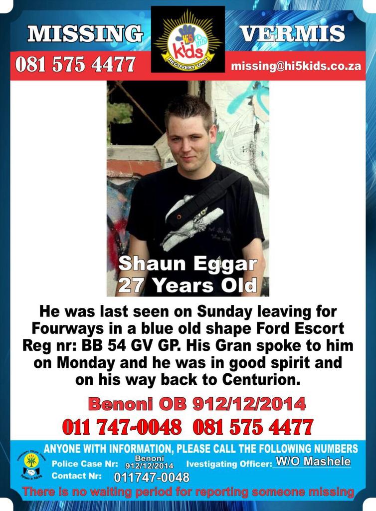 crimeairnetwork's tweet photo. MISSING : SHAUN EGGAR. BENONI. GP. 27YRS http://t.co/JfSsu19oMf