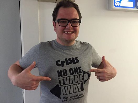 crisis_uk's tweet photo. Doesn't @AlanCarr look lovely in his #NoOneTurnedAway T-shirt? Want one too? Buy it here: http://t.co/B78RqcyITn http://t.co/GLB1Cr2deH