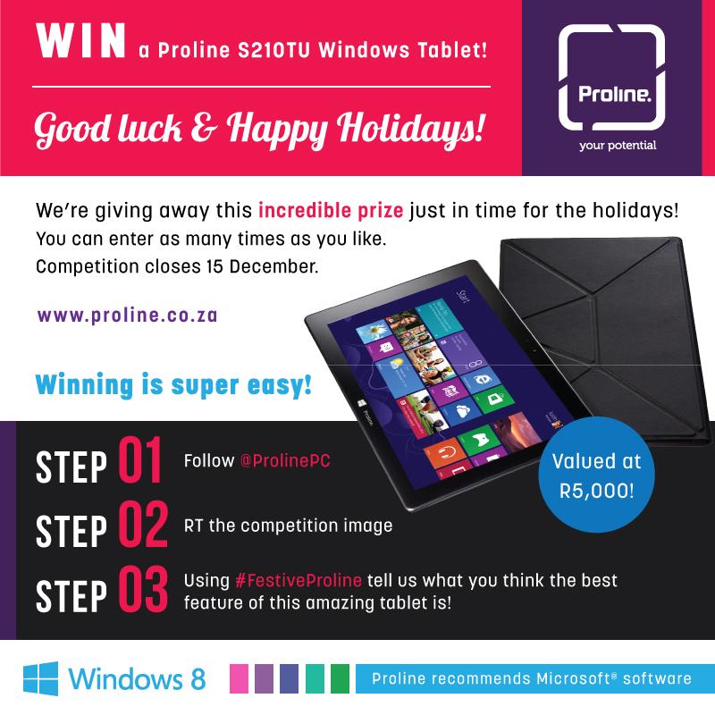 ProlinePC's tweet photo. Only a few more days to enter! WIN a Proline S210TU Tablet worth R5k with @ProlinePC &amp; @MicrosoftSA #FestiveProline http://t.co/gnqSWFVx3X